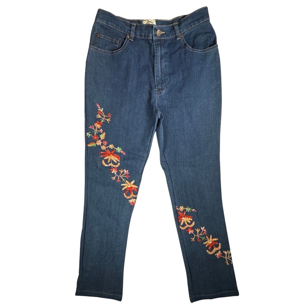 24 Karat Floral Embroidered‎ Sequin Jeans Dark Wash Straight Leg Size 8 Womens